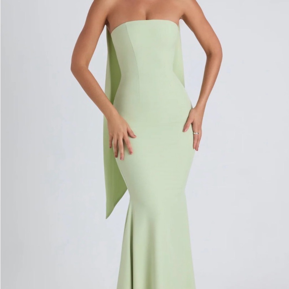 Oh Polly Imogene Scarf-Detail Strapless Gown in Spring Green
